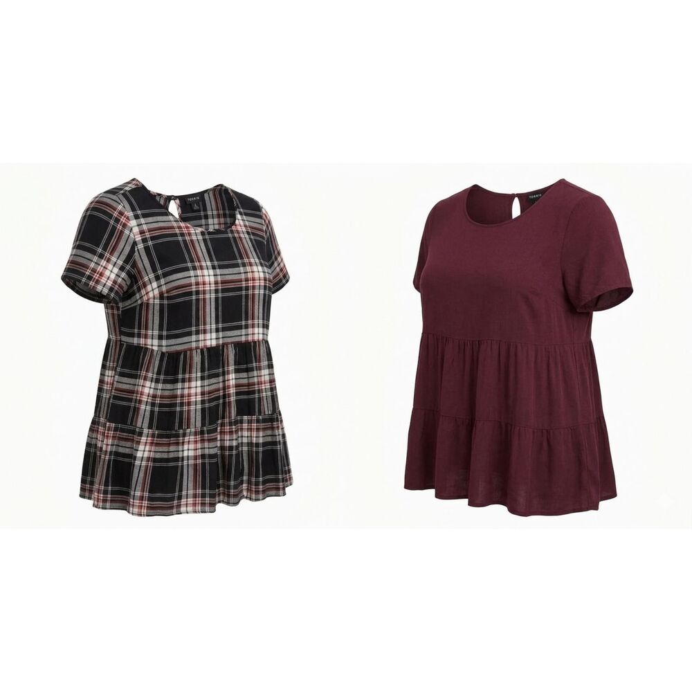 Torrid Rayon Babydoll Top Bundle Size 00 Black/Red Plaid, Burgundy (Plum, Wine)